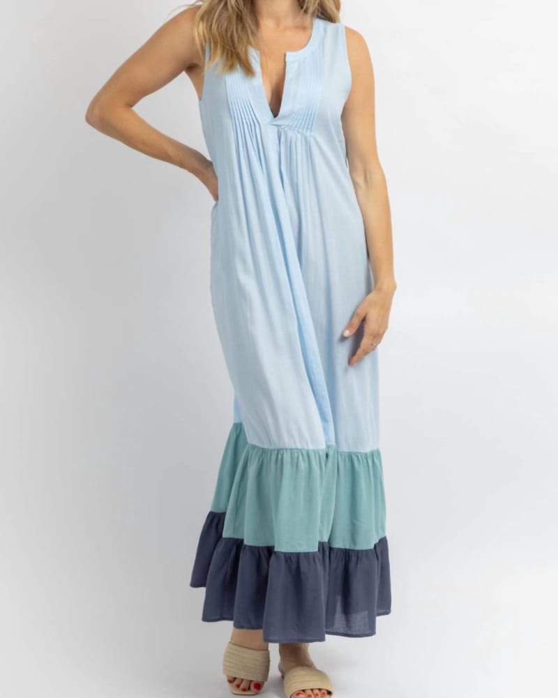 Front of a model wearing a size L Multi-Ruffle Maxi Dress In Summer Blue in Summer Blue by CEZELE. | dia_product_style_image_id:344655